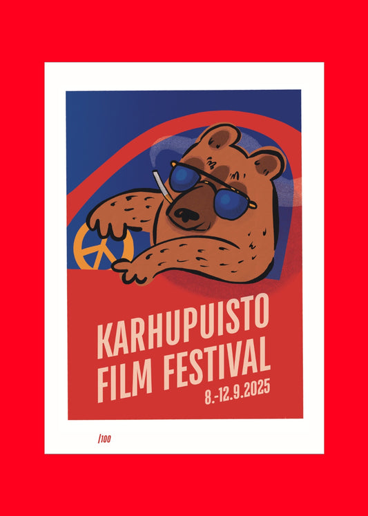 Karhupuisto Film Festival commemorative flag featuring a cool bear driving a car with sunglasses and a cigarette