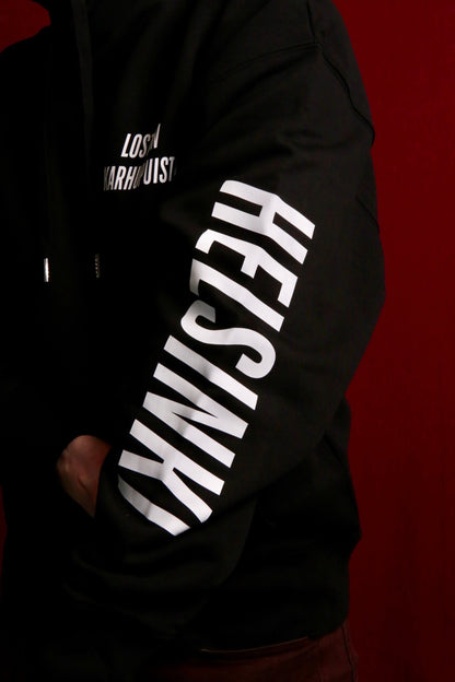 Karhupuisto Film Festival black unisex hoodie with white Helsinki sleeve print and Lost in Karhupuisto chest text