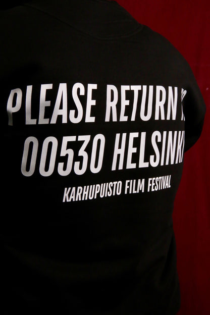 Karhupuisto Film Festival black unisex hoodie with white back print featuring Helsinki 00530 text