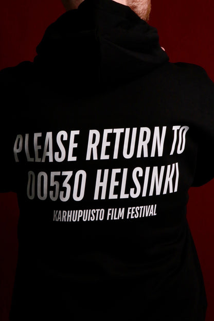 Back view of a black Karhupuisto Film Festival unisex hoodie featuring white text print on the back.