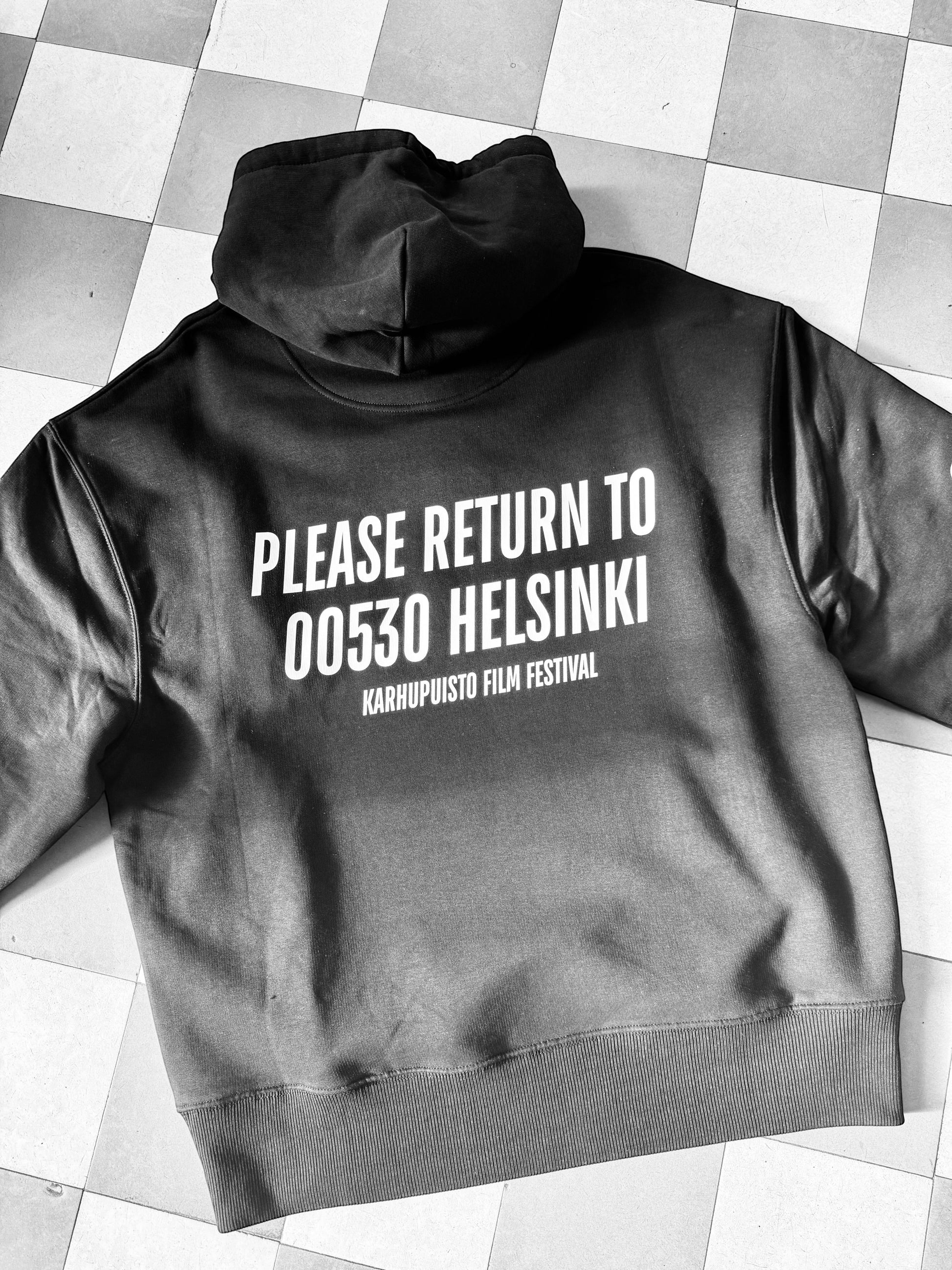 Karhupuisto Film Festival black unisex hoodie with white back print featuring Helsinki 00530 text on checkered floor