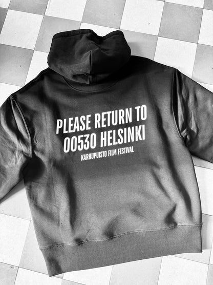 Karhupuisto Film Festival black unisex hoodie with white back print featuring Helsinki 00530 text on checkered floor