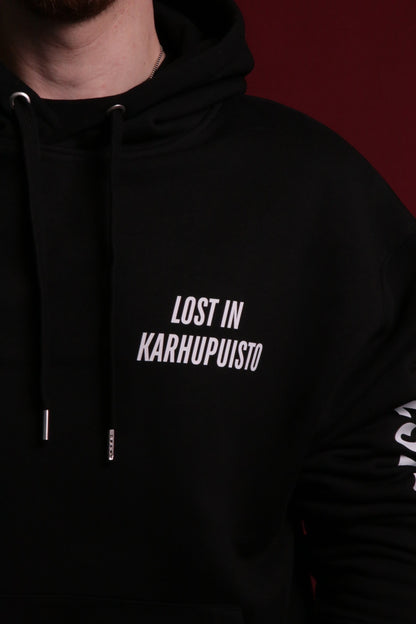 Karhupuisto Film Festival black unisex hoodie with white Lost in Karhupuisto chest print and metal-tipped drawstrings