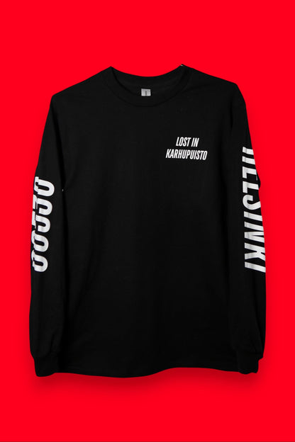 Karhupuisto Film Festival black long-sleeve cotton shirt with white Lost in Karhupuisto chest and sleeve text