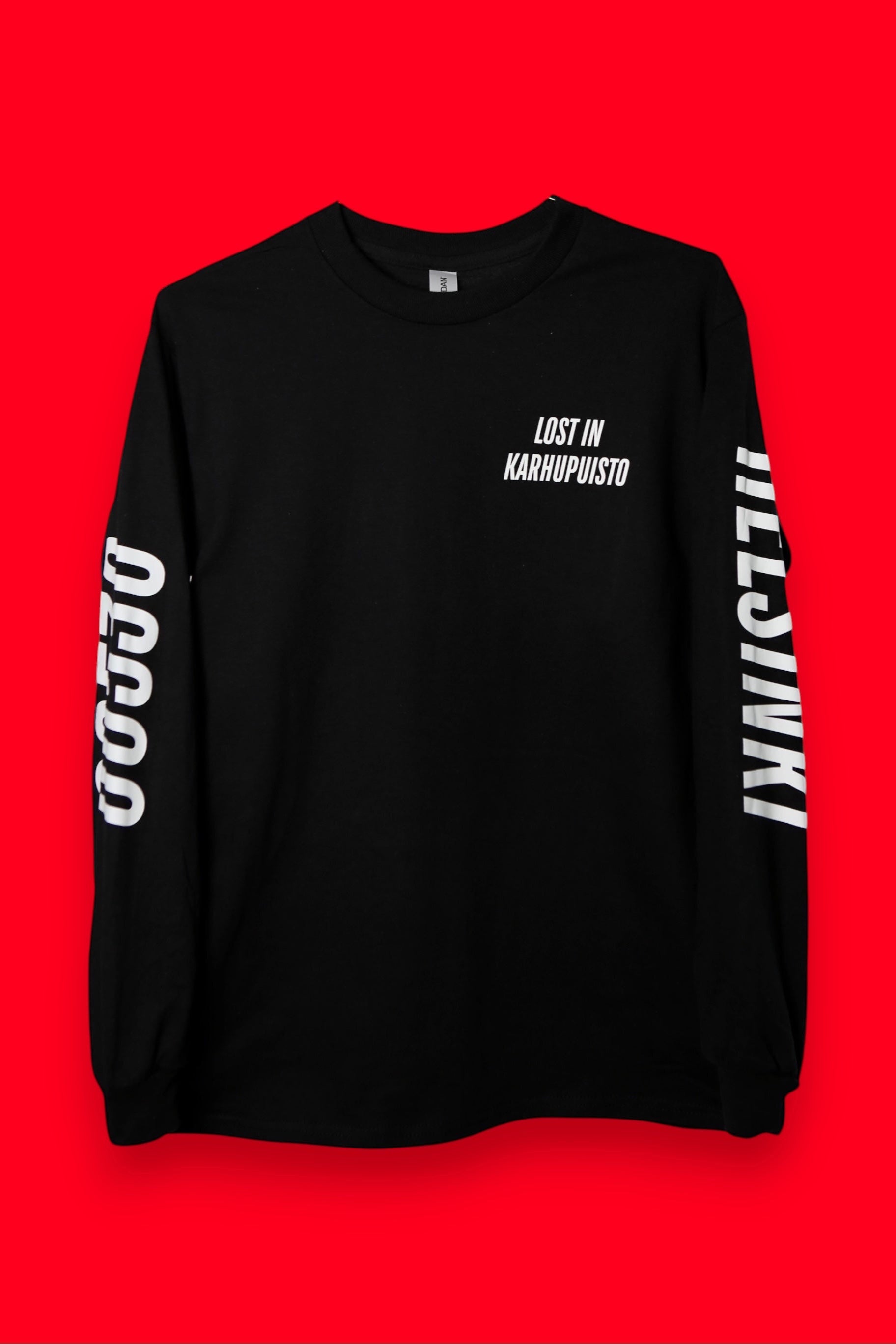Karhupuisto Film Festival black long-sleeve cotton shirt with white Lost in Karhupuisto chest and sleeve text