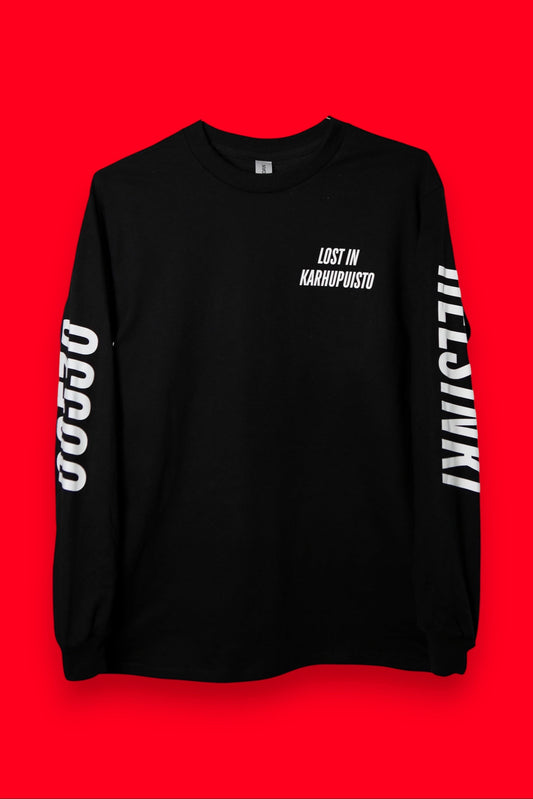 Karhupuisto Film Festival black long-sleeve cotton shirt with white Lost in Karhupuisto and Helsinki text prints.