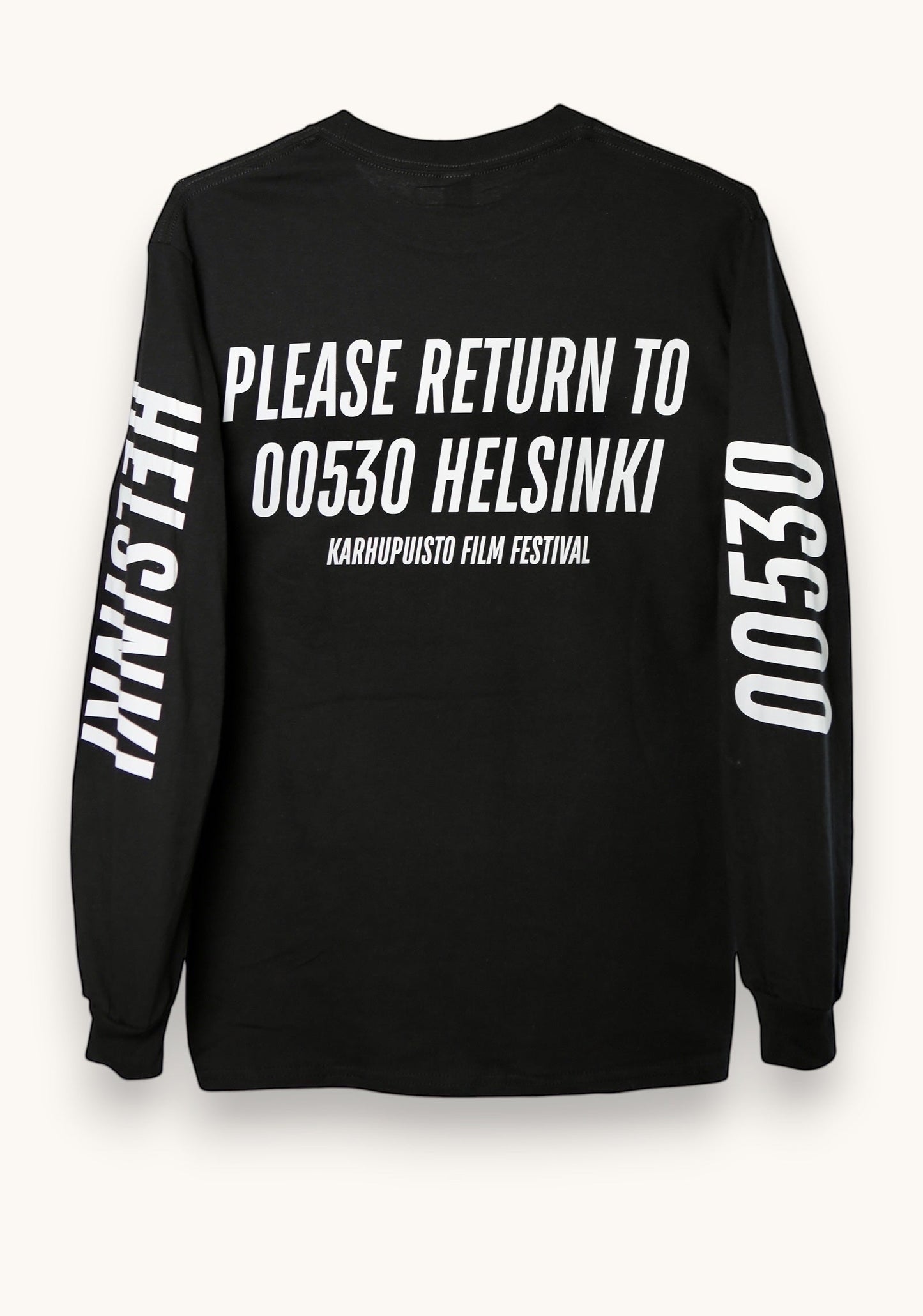 Karhupuisto Film Festival black long-sleeve cotton shirt with white back and sleeve text prints.