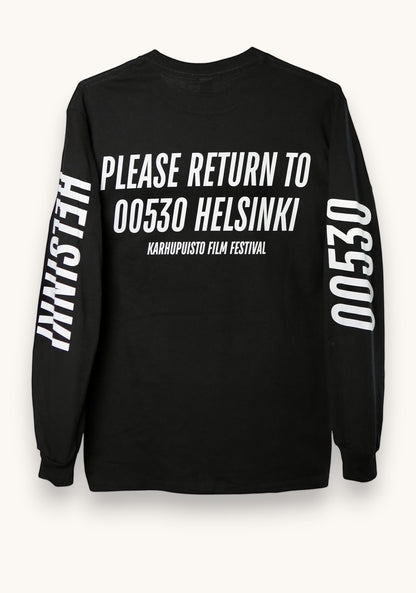 Karhupuisto Film Festival black long-sleeve cotton shirt with white back and sleeve text prints.