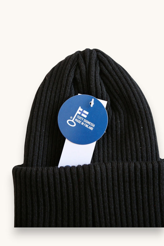 Karhupuisto Film Festival black ribbed knit beanie with a folded cuff and a blue Made in Finland tag