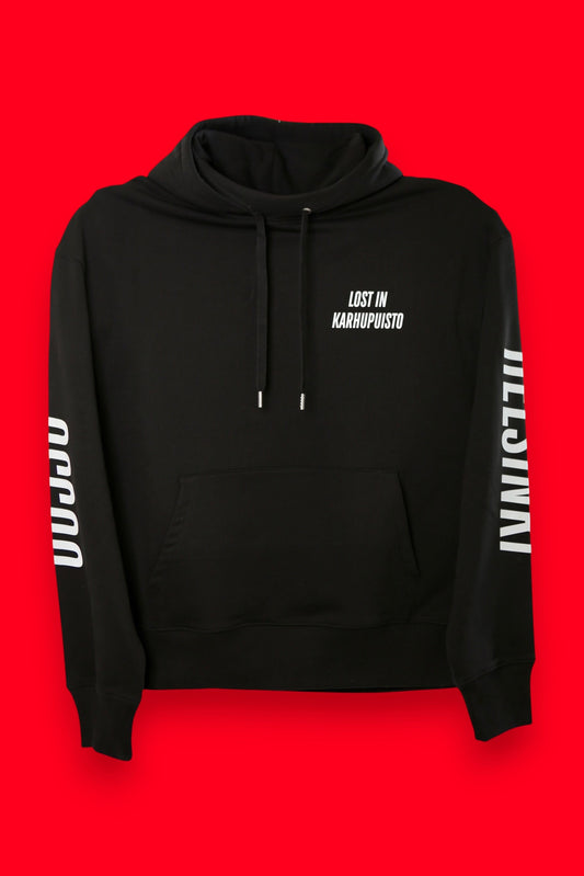 Karhupuisto Film Festival black unisex hoodie with Lost in Karhupuisto chest print and Helsinki sleeve text