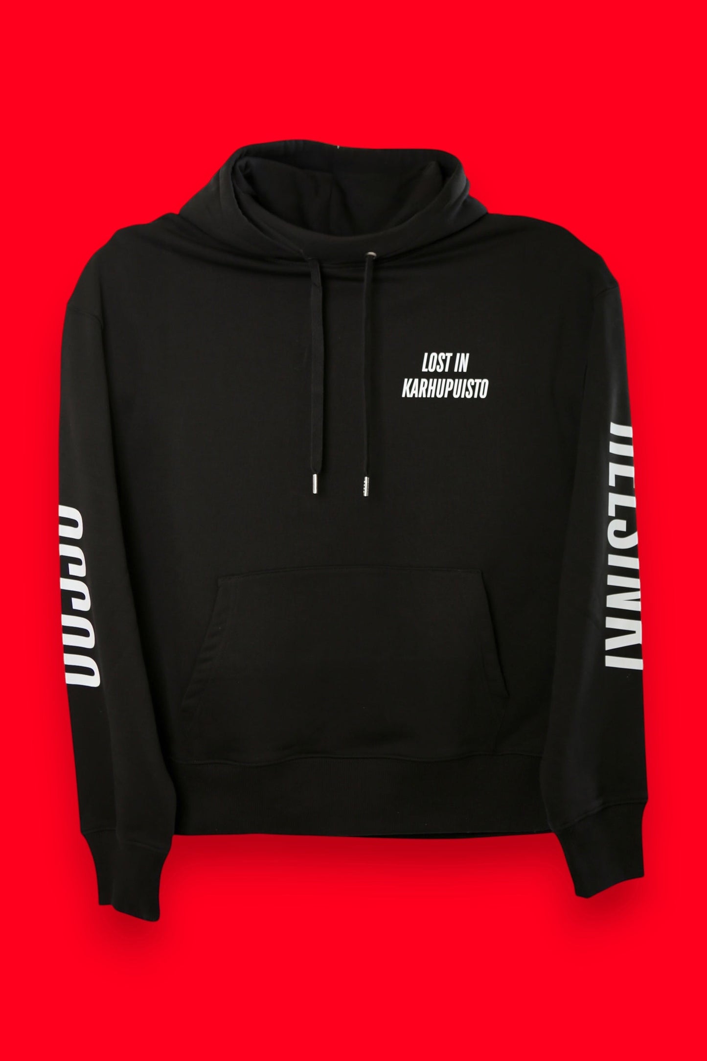 Karhupuisto Film Festival black unisex hoodie with white Lost in Karhupuisto chest print and sleeve text details.