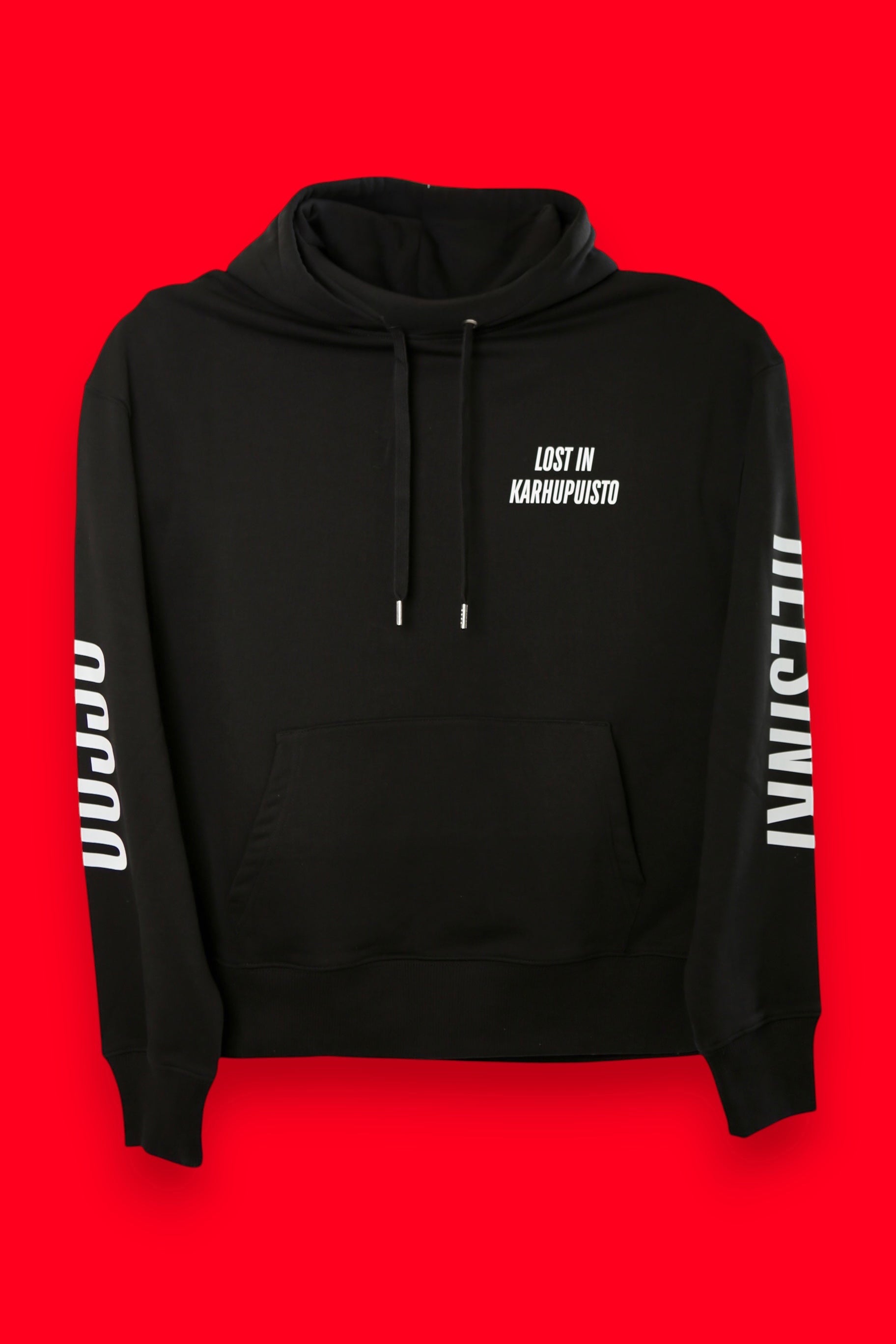 Karhupuisto Film Festival black unisex hoodie with white Lost in Karhupuisto chest print and sleeve text