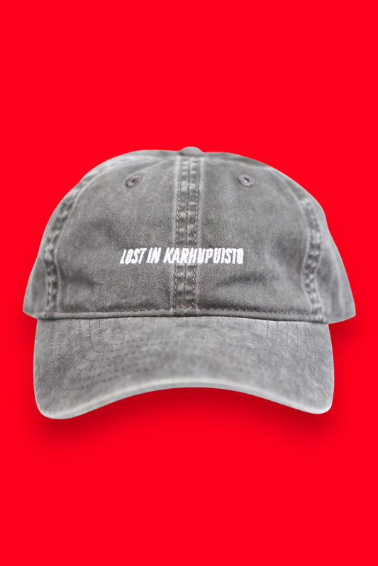 Karhupuisto Film Festival black vintage-washed cotton skate cap with white Lost in Karhupuisto embroidery