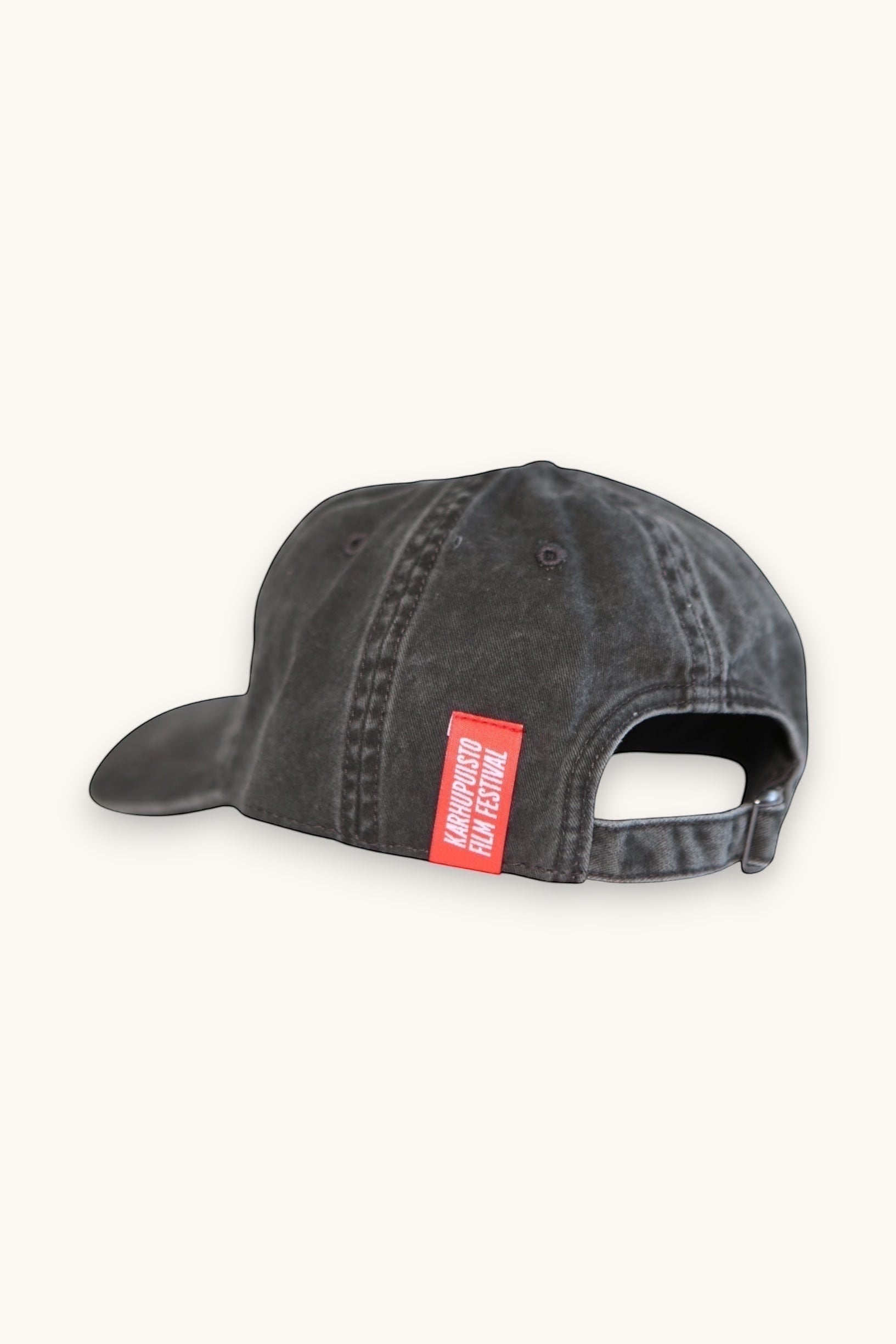 Karhupuisto Film Festival charcoal pigment-dyed cotton baseball cap with red woven back label