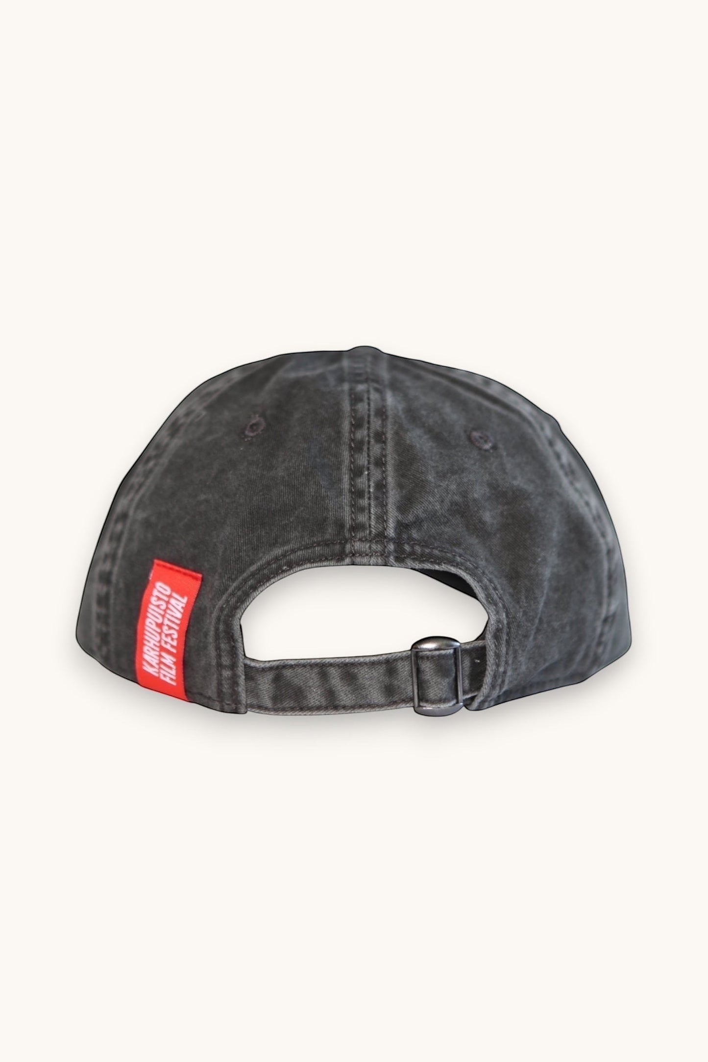 Back view of a charcoal washed cotton Karhupuisto Film Festival baseball cap with a red branded adjustable strap.