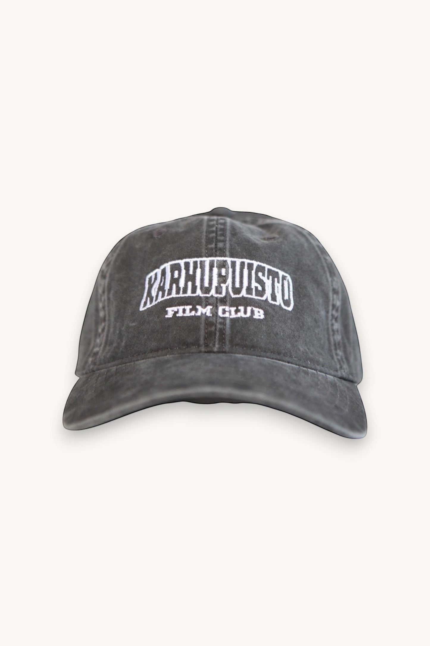 Karhupuisto Film Festival charcoal pigment-dyed cotton baseball cap with white embroidered film club lettering.