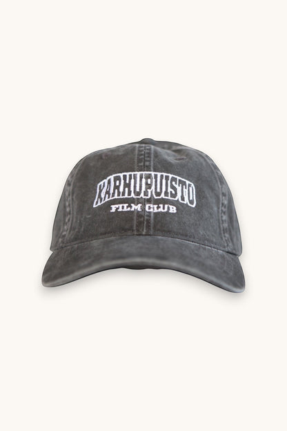 Karhupuisto Film Festival charcoal pigment-dyed cotton baseball cap with white embroidered film club lettering.