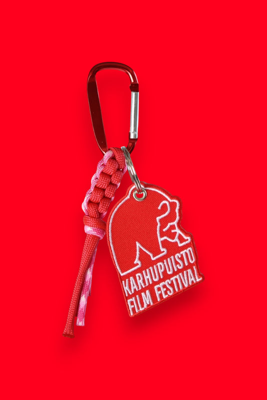 Karhupuisto Film Festival red bear keychain with pink paracord and red carabiner clip