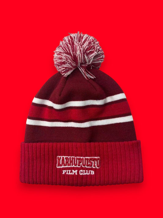 Karhupuisto Film Festival red and burgundy knit pom-pom beanie with white stripes and embroidered logo on ribbed cuff