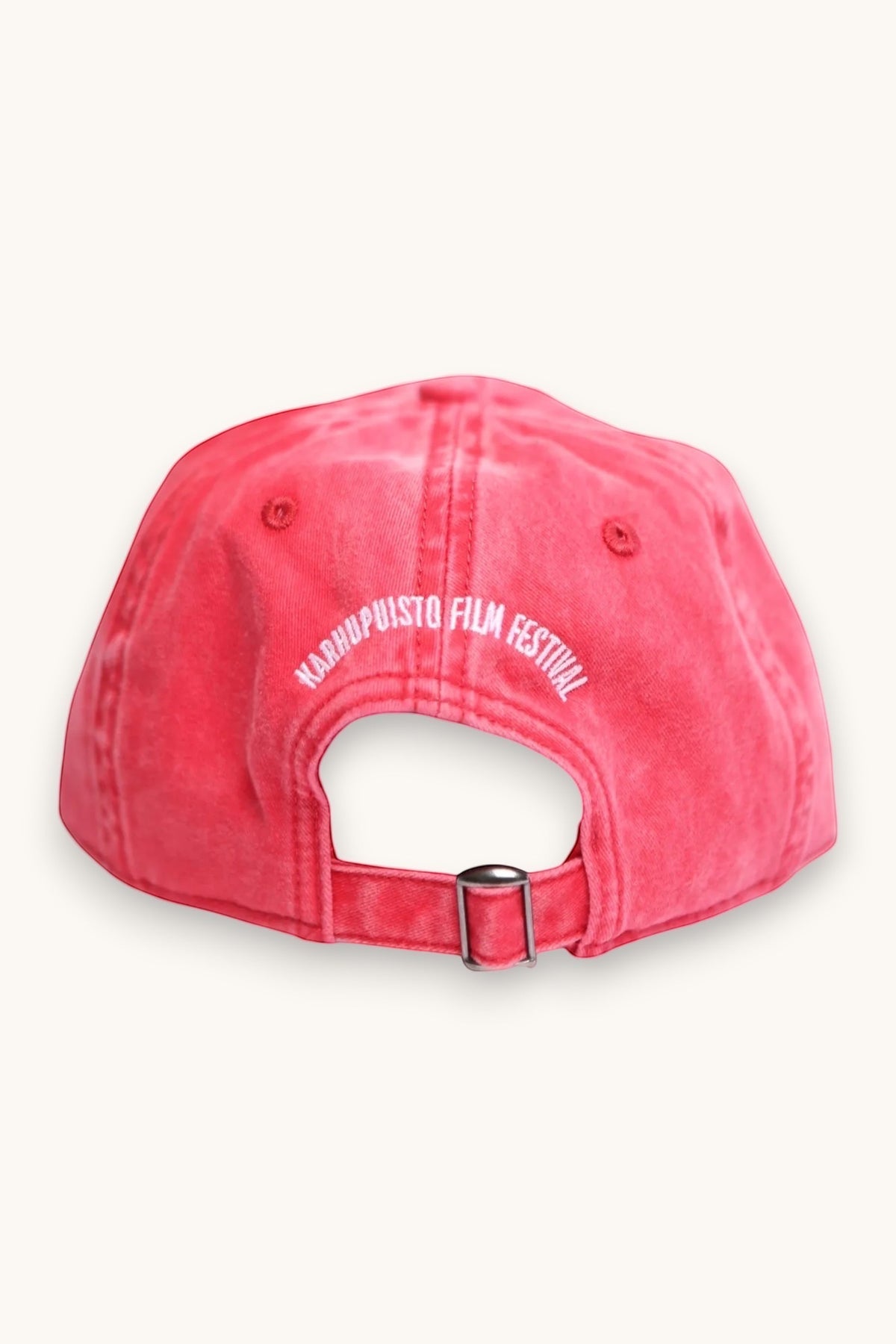 Karhupuisto Film Festival red vintage-washed cotton skate cap with white back embroidery and adjustable metal buckle