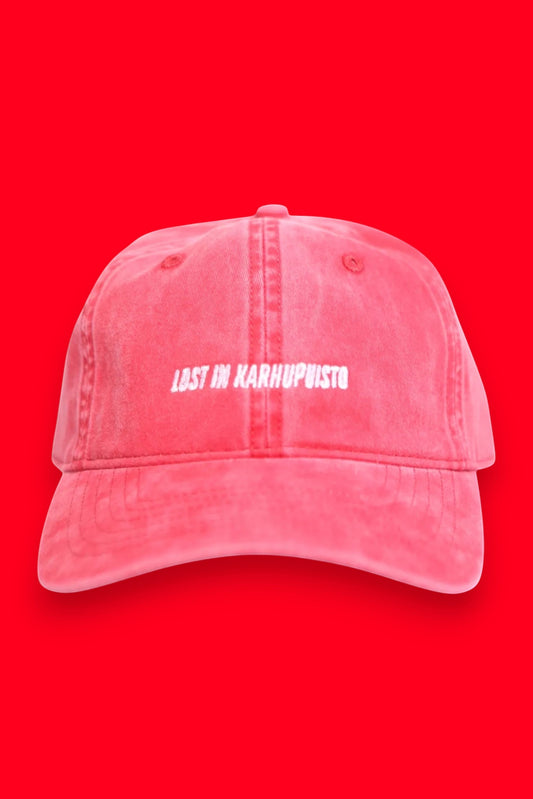 Karhupuisto Film Festival red vintage-washed cotton twill skate cap with white embroidered text on the front