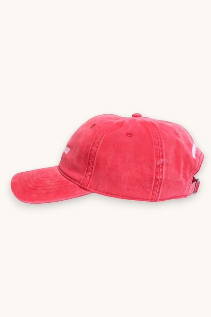 Karhupuisto Film Festival red vintage-washed cotton twill skate cap with white embroidery, side view