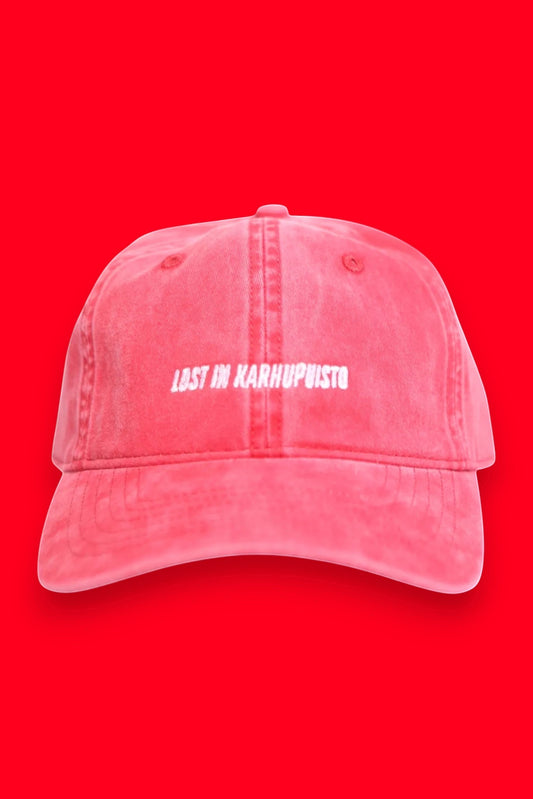 Karhupuisto Film Festival red vintage-washed cotton twill skate cap with white embroidered text on the front