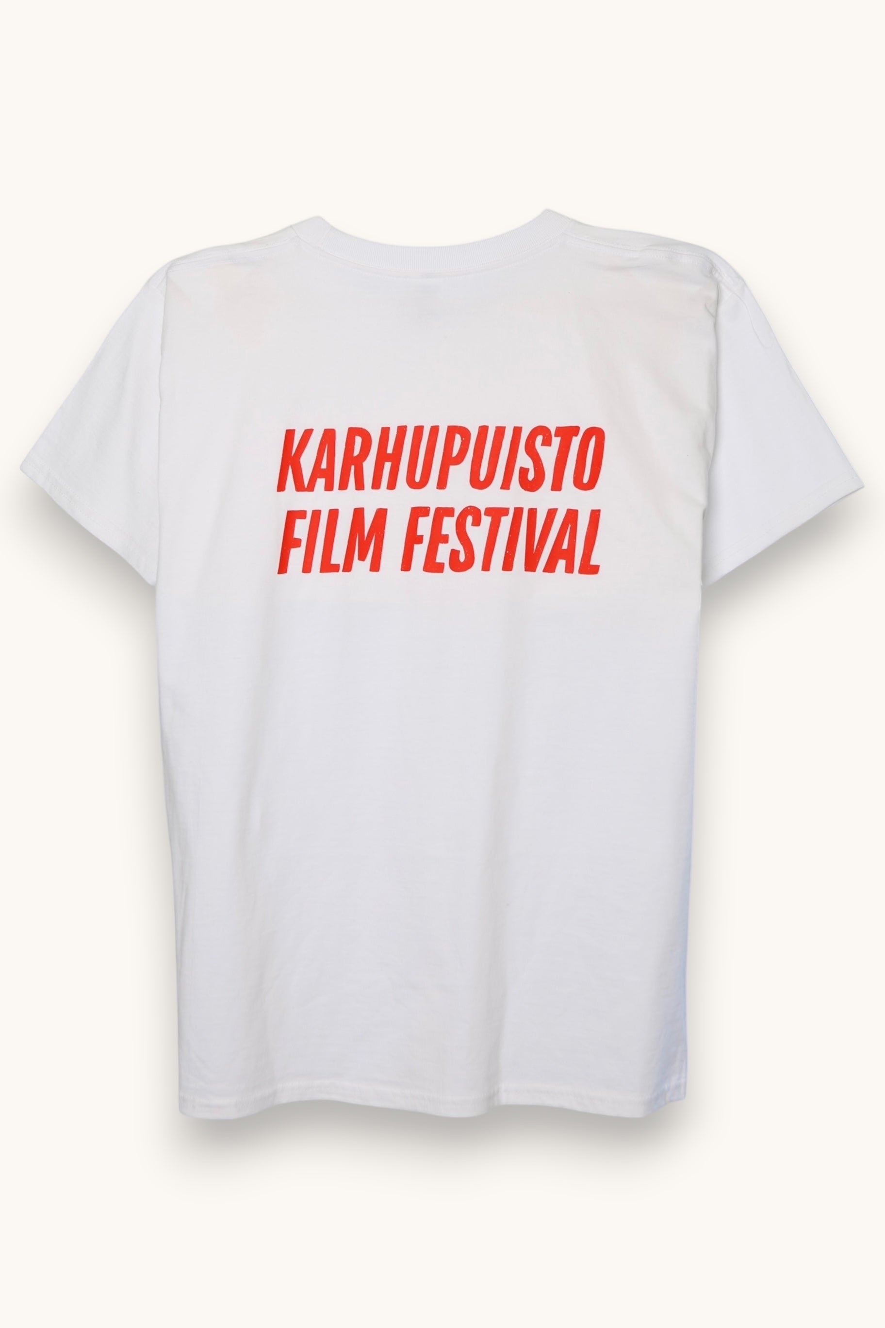 Karhupuisto Film Festival white cotton t-shirt with red back print hanging on a clothes hanger