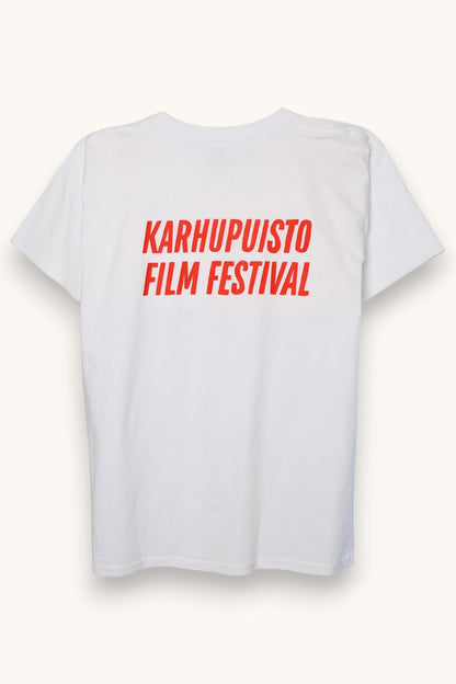 Karhupuisto Film Festival white cotton t-shirt with red back print hanging on a clothes hanger