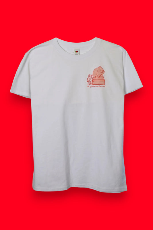 Karhupuisto Film Festival white cotton t-shirt featuring a small red La grande Karhupuisto illustration on the chest.